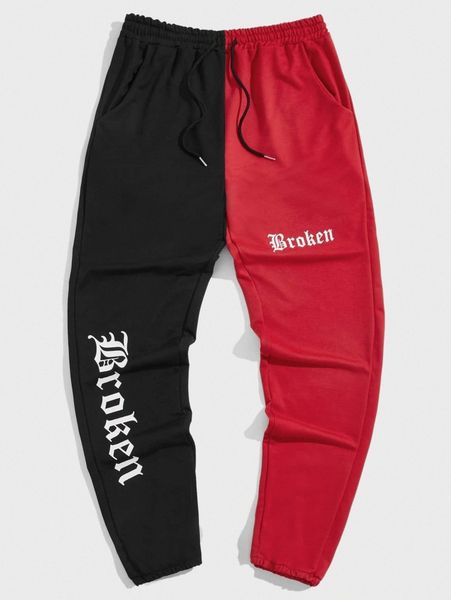 

men two tone letter graphic drawstring sweatpants o5s8#, Black
