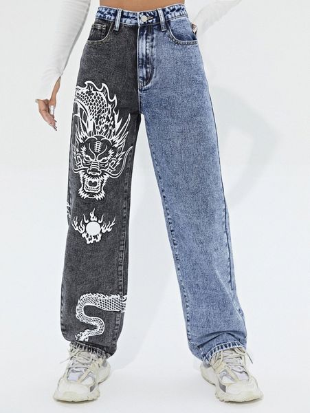 

high waist color block chinese dragon print jeans p5zi#, Blue