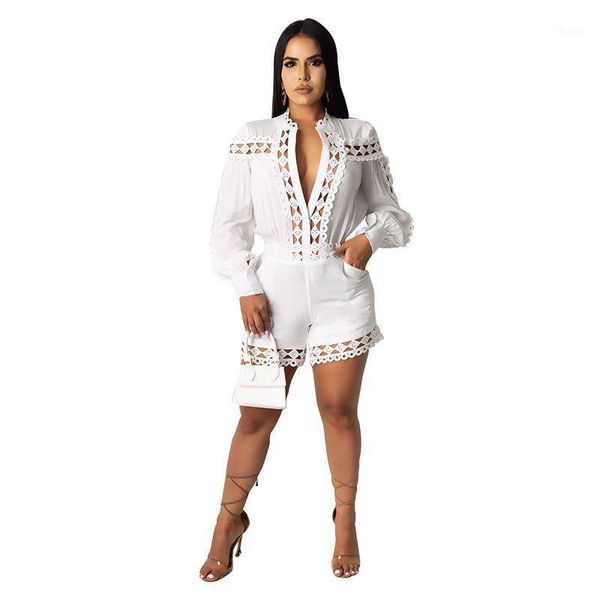 

new autumn deep v-neck white lace long-sleeved on-piece shorts straight pleated zipper solid color shirt street clothing1, Black;white