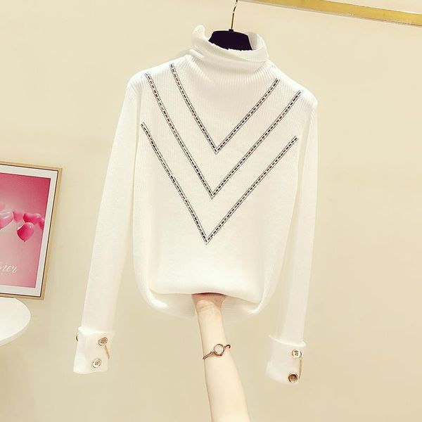 

women's turtleneck sweater slim-fit solid color drilling knitwear bottom shirt 2020 autumn winter stretch sweaters lady1, White;black