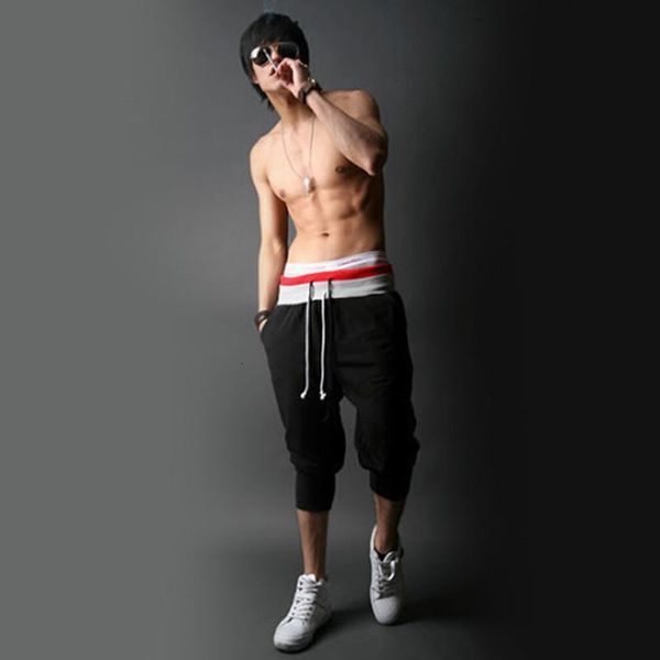 

summer new men's trousers casual cropped trousers fashion solid color sports pants men's pants for men, Black