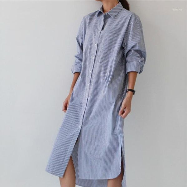

2020summer 3xl fashion womens blue loose casual big size plus button striped korea minimalism girl female long shirt blouse e0921, White