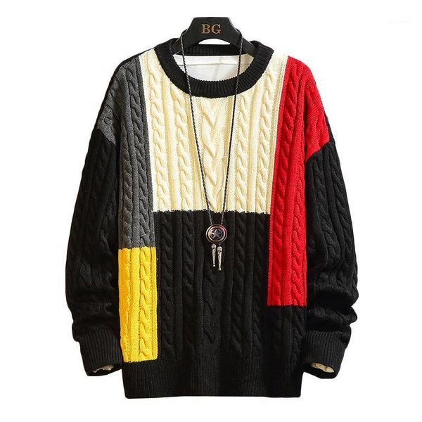 

2020 men's cotton o-neck pullover autumn winter warm patchwork spacious no yq clothing knitted casual male sweater pull homme1, White;black