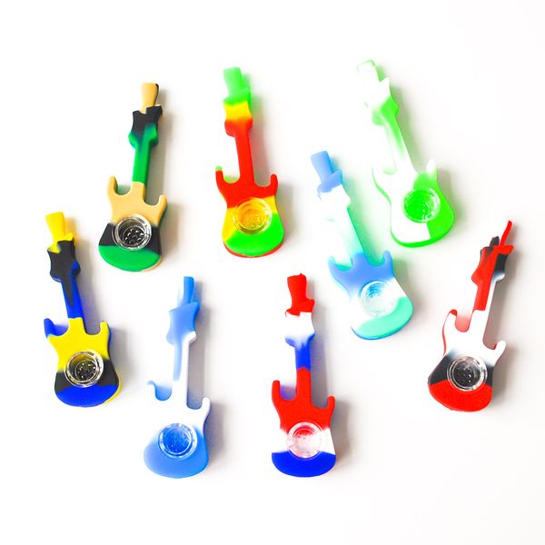 Nova forma de guitarra Forma de silicone tubos de mão tubos de fumo com tubulação de petróleo tubos de vidro Bongs