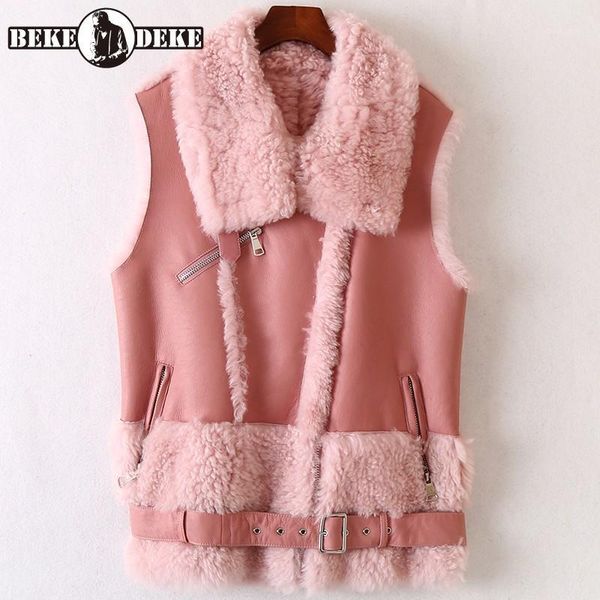 

winter sheepskin wool splice vest women casual zipper medium long waistcoat streetwear pink real fur warm sleeveless jacket1, Black;white
