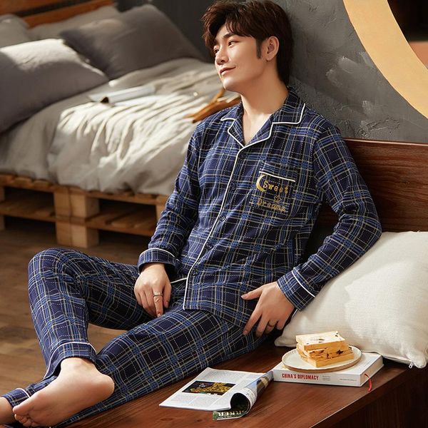 

pure cotton turn-down collar button-down long sleeve trousers pajama autumn winter boy man cozy jammies nightwear pyjamas cke, Black;brown