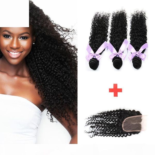 

brazilian hair curly 3bundles with lace closure or middle part brazilian mongolian afro kinky curly virgin human hair with lace closure, Black