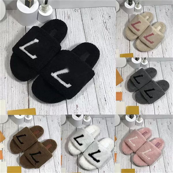 

casual shoes designer wool slippers fashion pure color letter print flat soled slides sandals winter home necessary ful fluffy warm comforta, Black