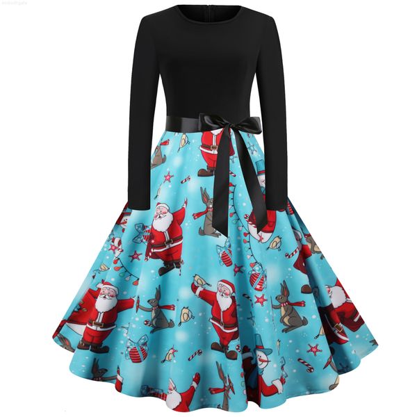 

2020 new print stitching long sleeve swing dress ribbon 8383, White