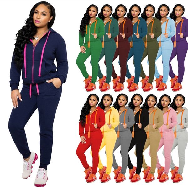 

women tracksuit long sleeve zipper coat + leggings pants 2pcs outfits solid color hooded hoodies legging pants trousers suit new e120903, White