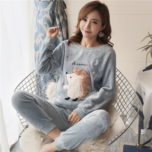 

autumn winter women pyjamas sets pajamas sleepwear suit thick warm coral flannel nightgown female cartoon animal pijama mujer 201113, Black;red