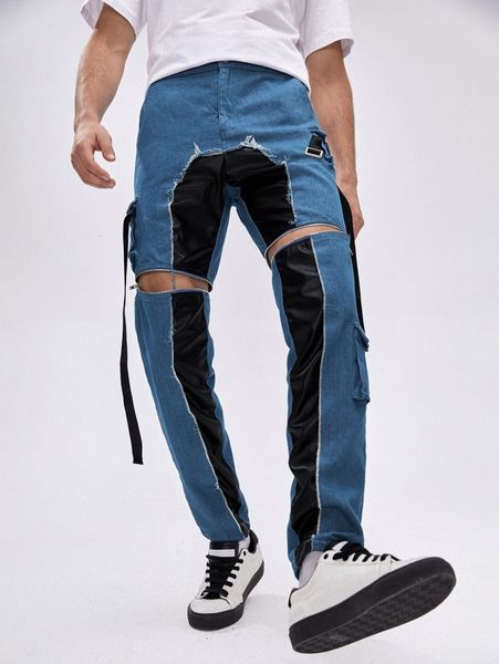 

x d.haleter men color block flap pocket strap detail raw trim pants 288z#, Black