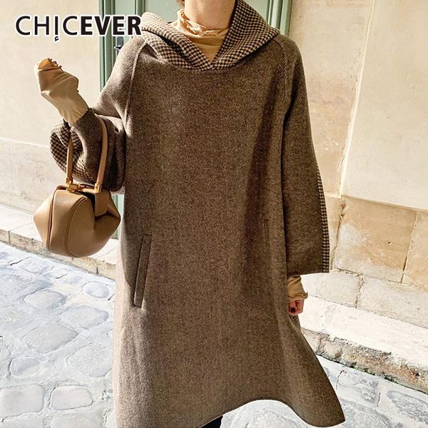 

chicever casual patchwork tweed for women hooded drawstring lantern long sleeve loose sides split tweeds female fashion clothing, Black