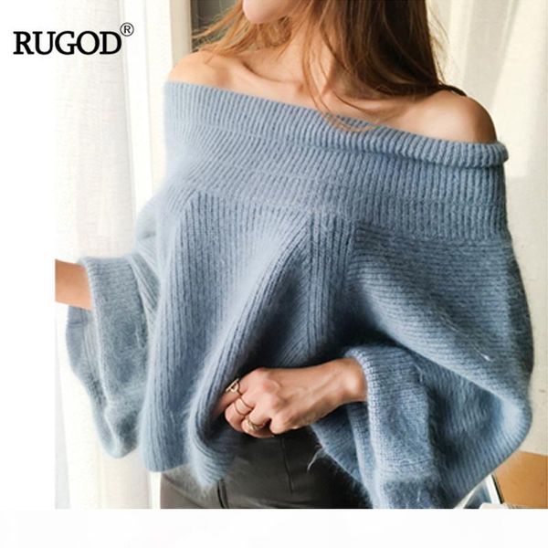 

rugod 2018 off shoulder knitted sweater women solid loose flare sleeve pullover jumpers female mink cashmere sweater poncho, White;black