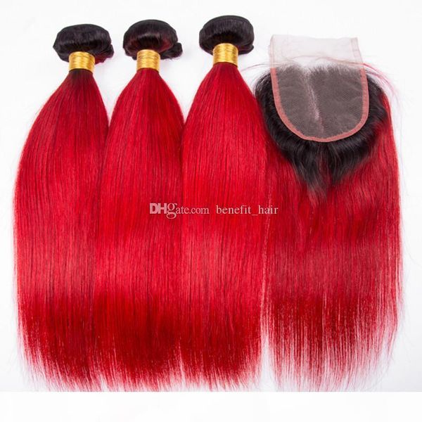 

ombre color red silky straight 3 bundles virgin hair weaves with closure two tone #1b red hair weft extension with lace closure, Black;brown