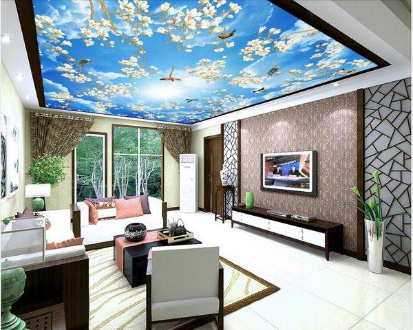 

custom 3d ceilings new chinese style 3d stereoscopic wallpaper flower bird branch blue sky white cloud ceiling mural