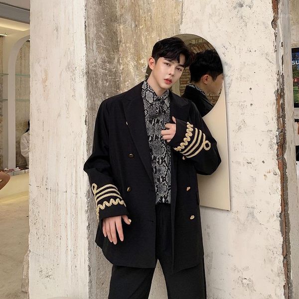 

men vintage double breasted loose casual suit blazer coat uniform male streetwear hip hop suit jacket outerwear stage clothing1, White;black