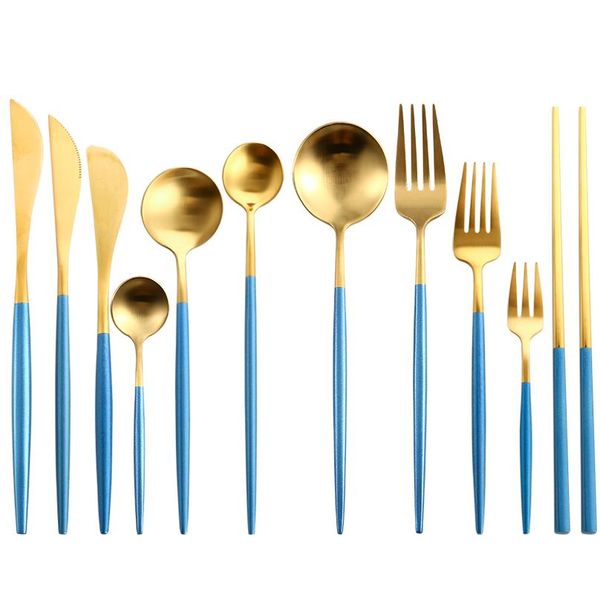 

blue gold steak knife fork coffee spoon teaspoon food tableware set noble western wedding party home upscale gold cut sqclhd