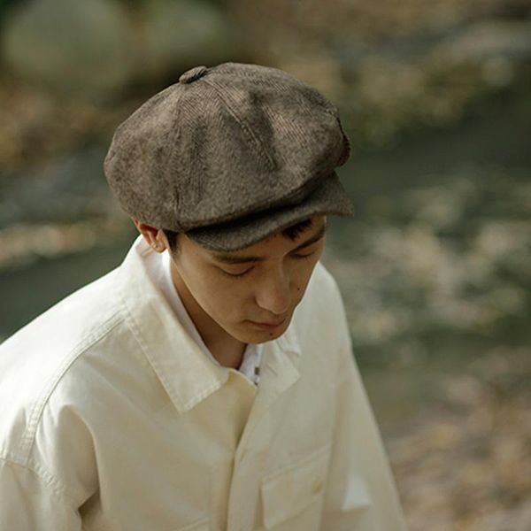 

men newsboy cap winter thick vintage herringbone octagon cap women casual stripe berets gatsby flat hat, Blue;gray