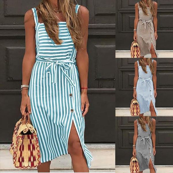 

womens striped long boho dress lady beach summer sundrss button down maxi dressladies striped print casual dress, Black;gray