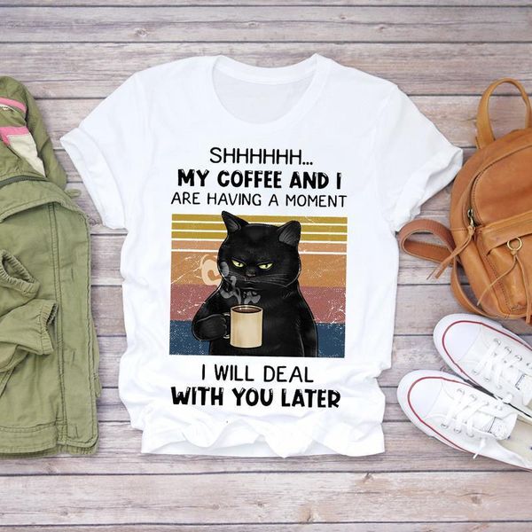 

women cat coffee funny printing cartoon fashion 90s ladies print lady t-shirts womens graphic t shirt female tee t-shirt, White