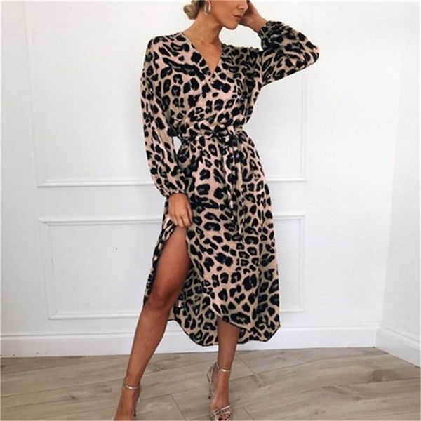 

2021 new dressed in leopard female vintage irregular dress with sleeves and v party fulldress longuette yjgj, Black;gray