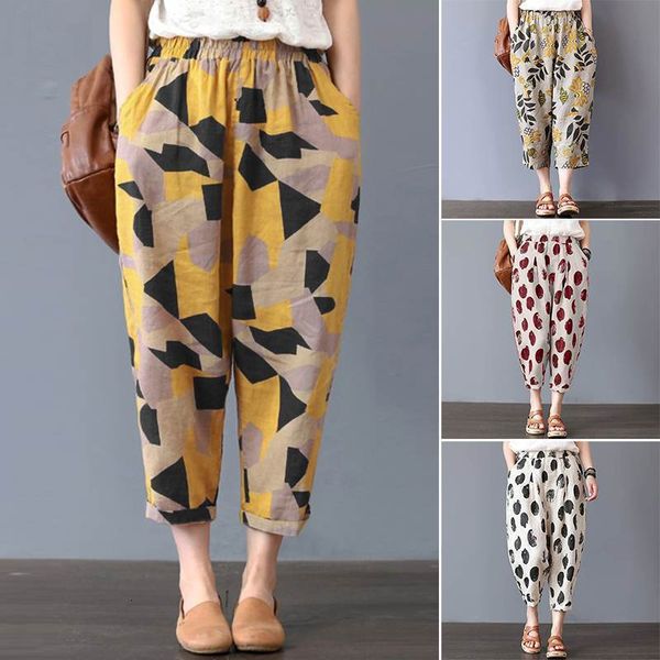 

casual trousers women's harem pants 2021 zanzea summer autumn linen pantalon kaftan female plus size floral cropped pant 5xl y19070301, Black;white