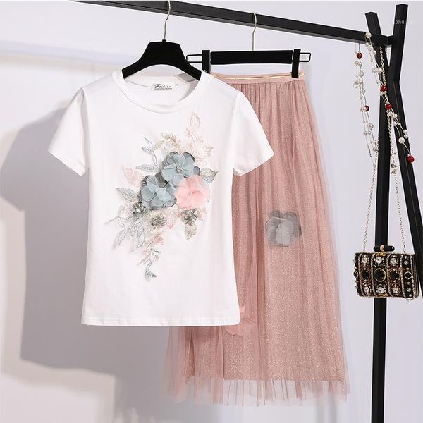 

2019 summer skirt suit women sweet 3d flower embroidery appliques cotton t-shirt + mesh long skirt 2pcs t shirt clothing suits1, White