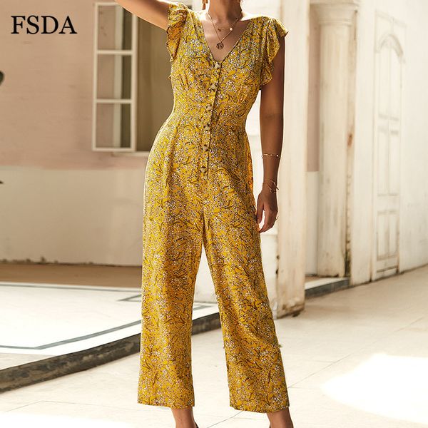 

fsda chiffon ruffles floral jumpsuit summer elegant boho wide leg rompers button v neck casual sleeveless women jumpsuits beach t200107, Black;white