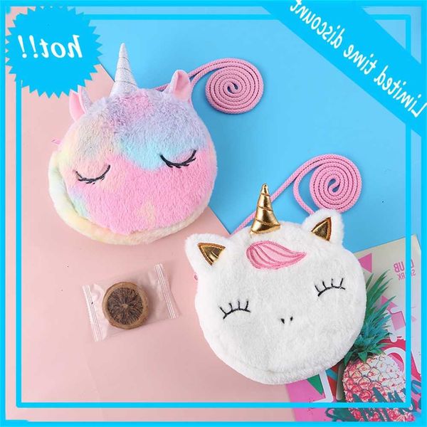 

unicorn creative one shoulder messenger plush storage make up bag girl's round wallet