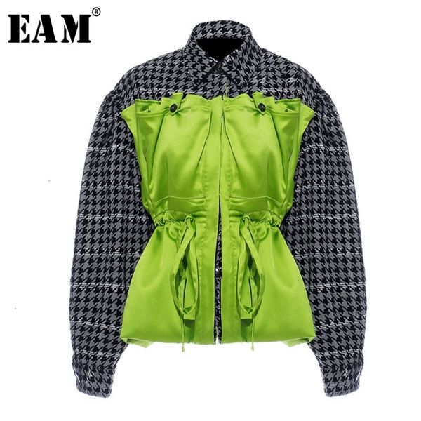

[eam] loose fit plaid drawstring split big size jacket new lapel long sleeve women coat fashion tide spring autumn 1h203 201210, Black;brown