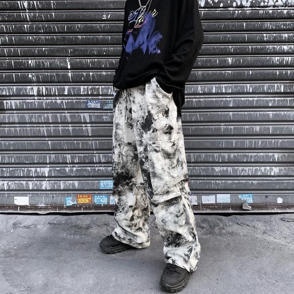 

men's jeans hip hop mourning slacks with splash ink smoke camouflage, Blue