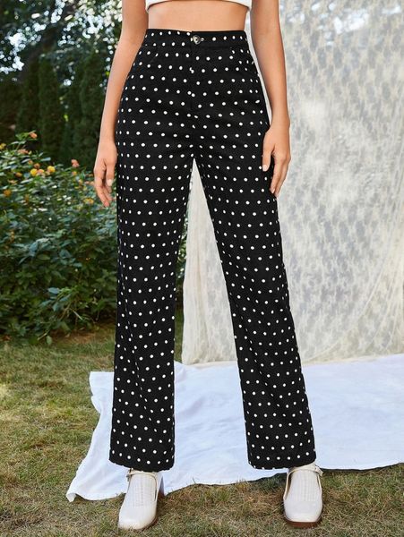 

polka dot print straight leg pants d6pm#, Black;white