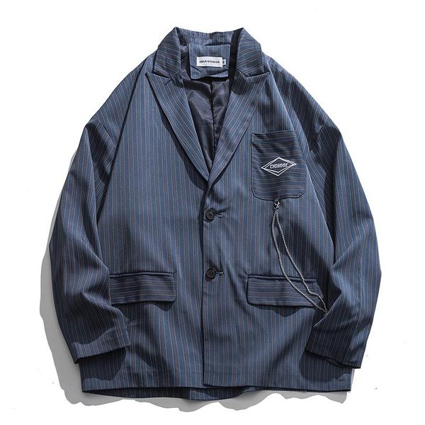

blazers men woman striped 2 buttons breasted pockets chains couples harajuku high street men leisure suits oversize loose, White;black
