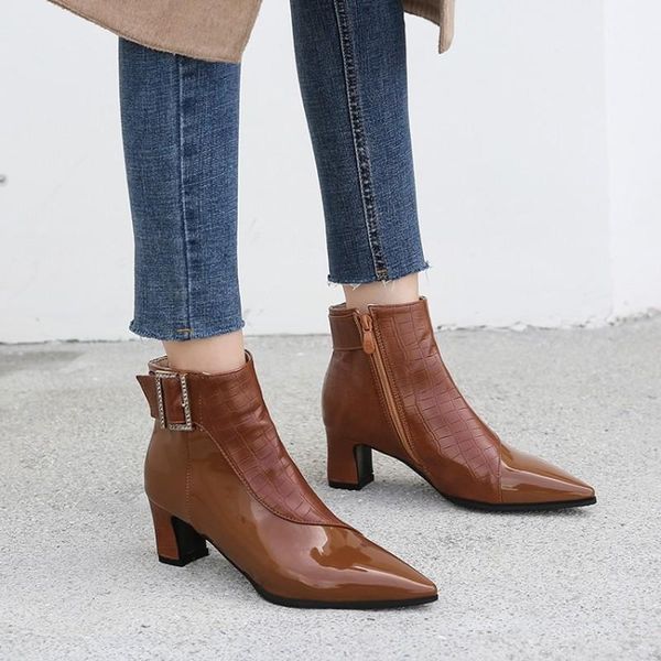 

patent leather pumps women shoes pointed toe patchwork single ankle boots small big size square high heel buckle women, Black