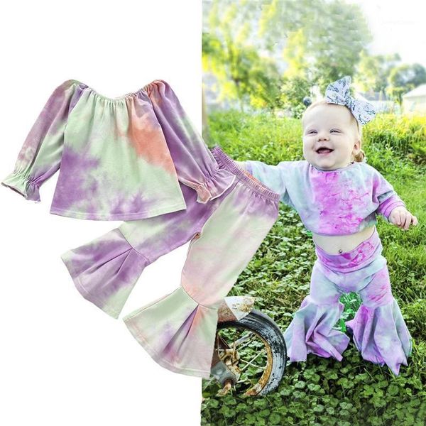 

clothing sets baby girl tie-dye printed fashion suit long sleeves+flared pants elastic band lotus leaf autumn kids clothes set 1, White