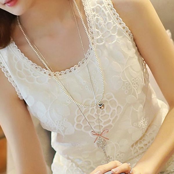 

6xl white blouse shirt sleeveless plus size womens crochet lace flower blusas v neck feminino summer elegant women clothes 2021
