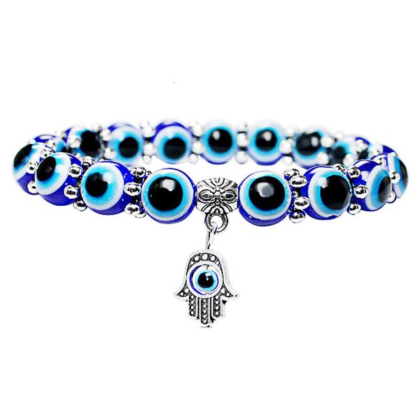 

8mm 1pc fashion new turkey evil eye blue beads snow spacer alloy hamsa hand bracelet bangle for women men, Black