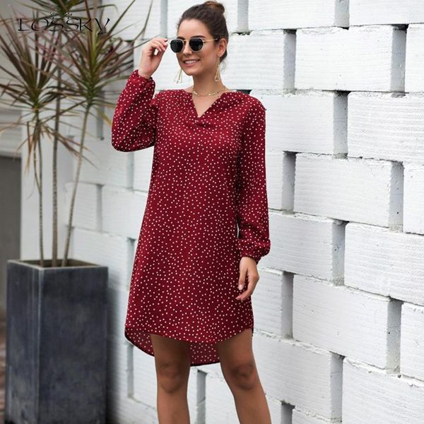

lossky dress women polka dot printed autumn spring long sleeve v neck irregular mini dress red ladies jumper clothing streetwear1, Black;gray