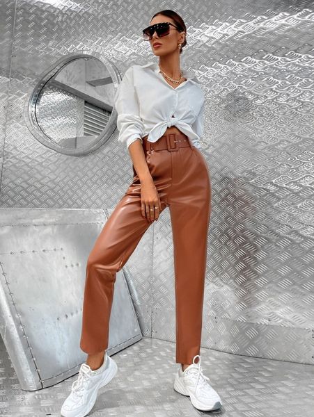 

high waist slant pockets belted pu pants e4sj#, Black;white