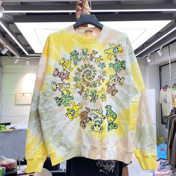 

men's hoodies james vortex bear cartoon print vintage tie dye men's and women's loose hip-hop round neck sweater trend, Black