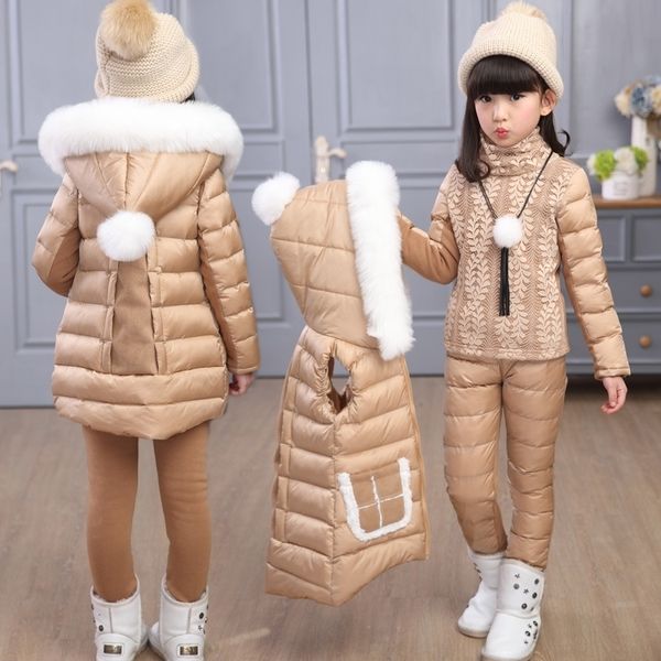 

russia winter girls clothing sets hooded warm vest jacket+warm cotton pants 3 pieces set girl cotton coat with fur hood y200325, White