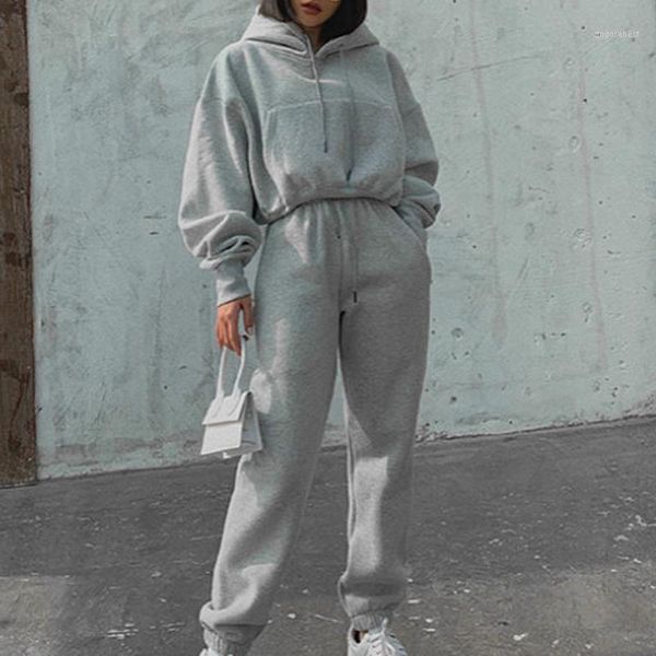 

women solid two piece sets autumn winter hooded long sleeve pullovers ladies lace up sweatshirt 2 pieces set outfit suits1, Gray
