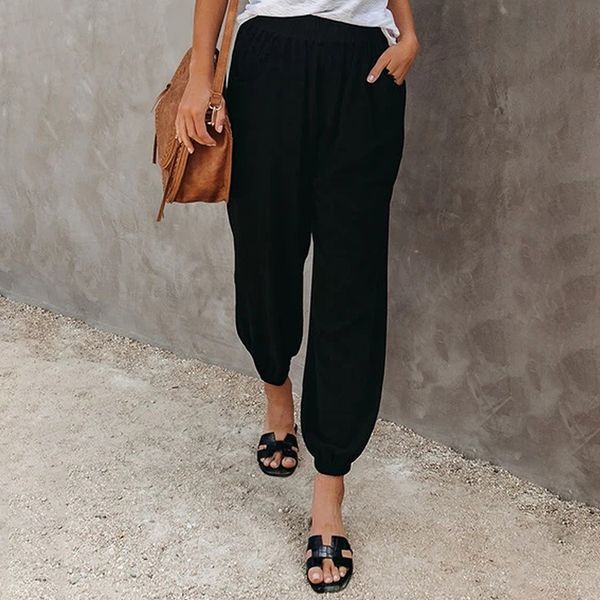 

casual pants women girls autumn winter solid color capris with pockets elastic waist high waist loose trousers, Black;white