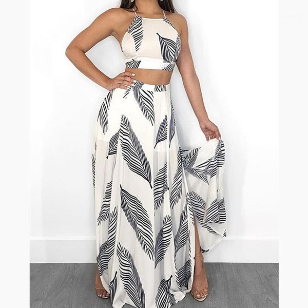 

2020 2pcs women floral summer halter neck crop tank + skirt long maxi beach suit outfit dress beachwear sundress1, Gray