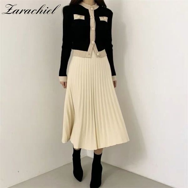 

chic office ladies single breasted pearl buttons cardigan sweater+pleated long skirt suit autumn winter knitted 2 piece set 201110, White