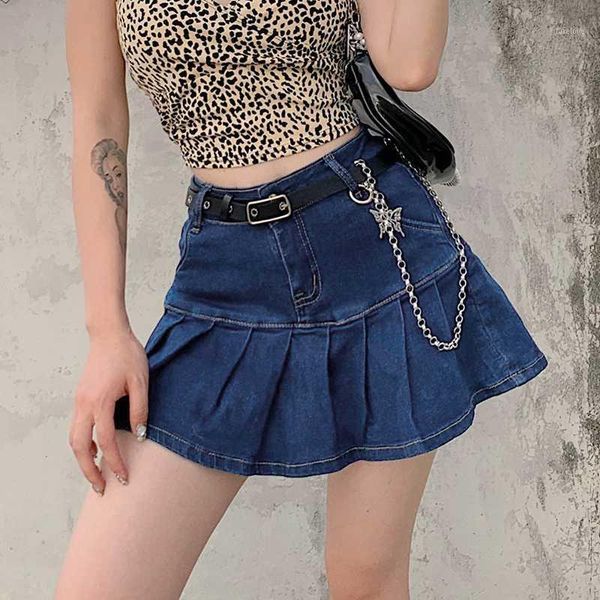 

ladies jeans skirt high waist pleated skirt zipper mini summer new style streetwear bottom y2k tight blue1, Black