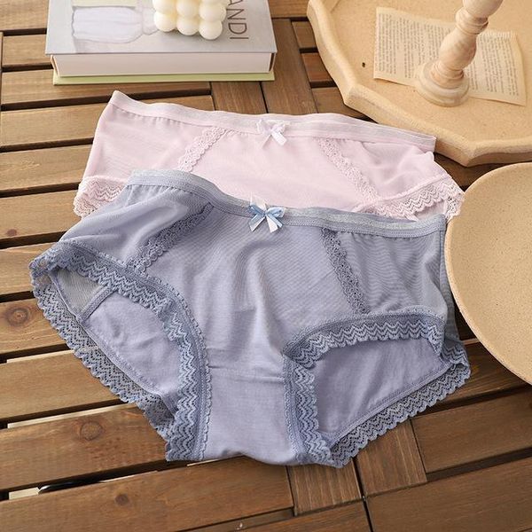 

underpants women's modal mesh briefs ladies lace bow-knot breathable underwear bag hip panties1, Black;pink