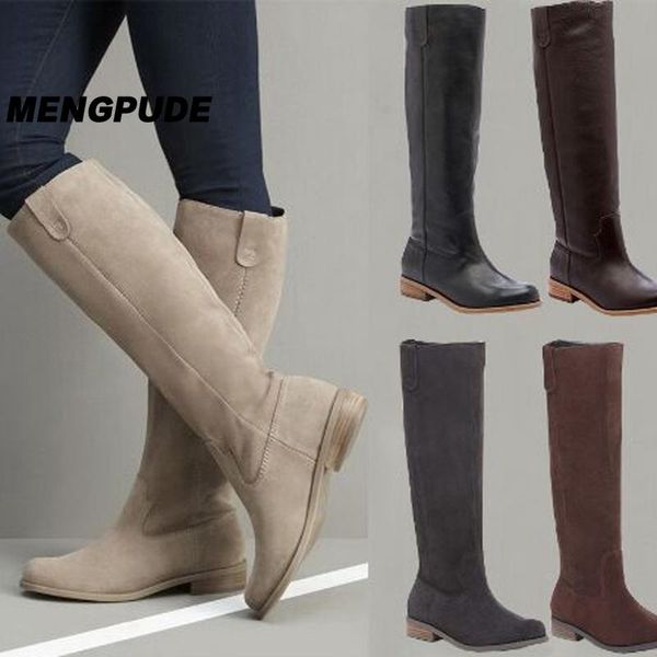 

mpd fashion joker ladies boots solid color warm outdoor low heel round head knee boots simple suede zapatos para mujer, Black