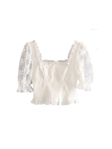 

2021 new exquisite style embroidered sleeves slim fit white short women blouse shirts from vintage paste square 1od8